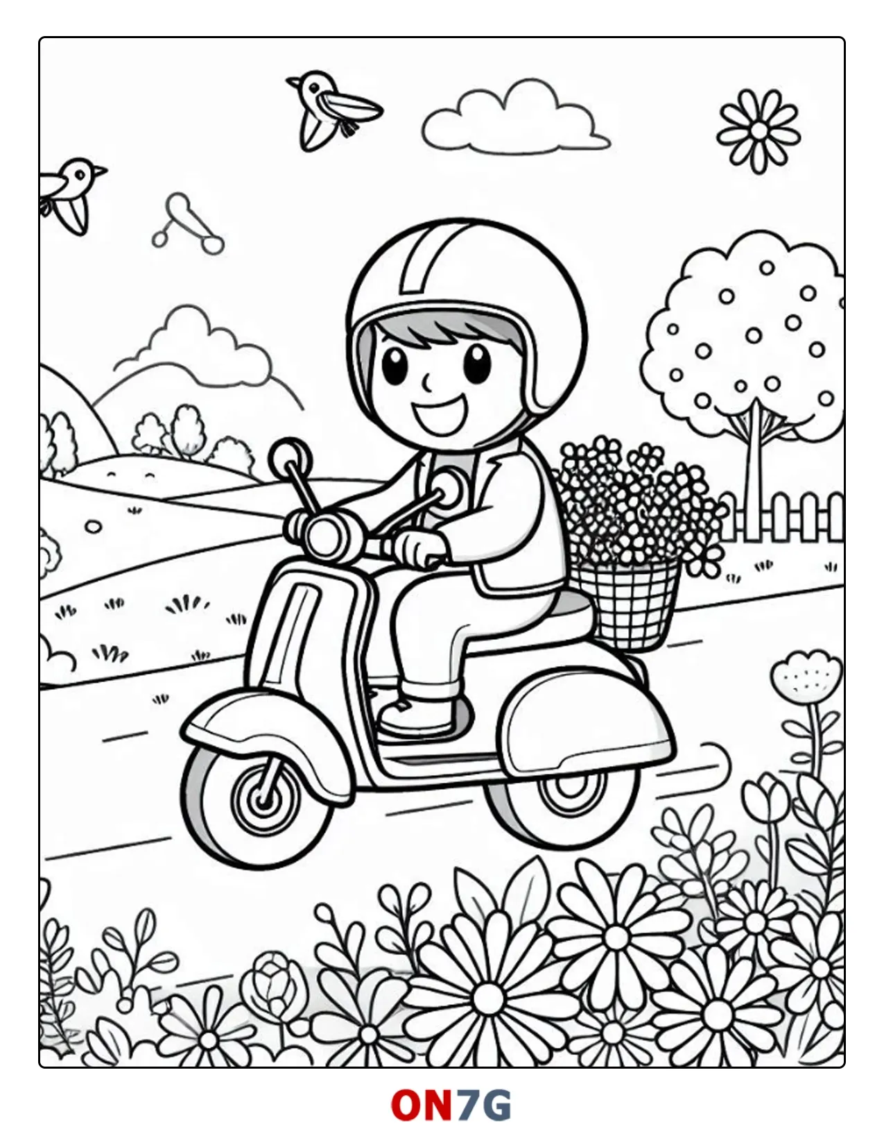 Ausmalbild Junge Macht Ein Picknick Auf Seinem Motorrad