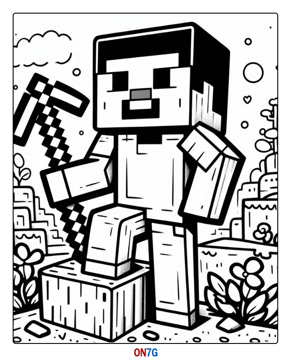 Minecraft Steve Hält Eine Axt In Der Hand Ausmalbild