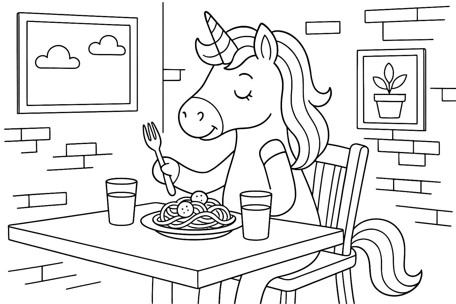Einhorn Isst Spaghetti Im Restaurant Ausmalbild