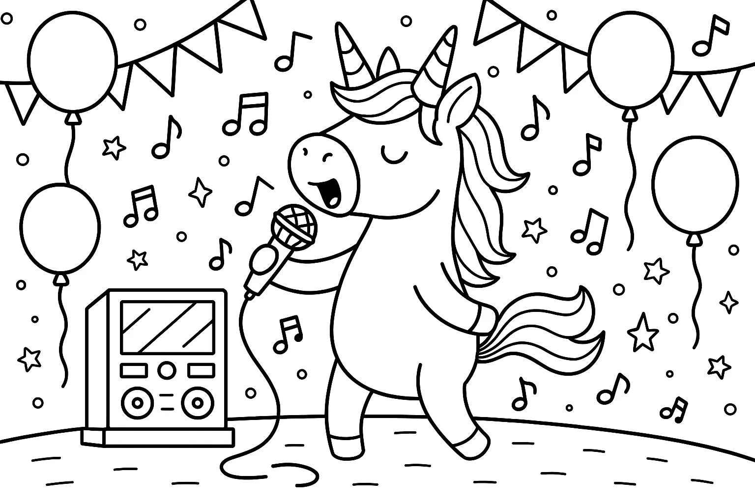 Singendes Einhorn Auf Der Karaoke-Party – Ausmalbild