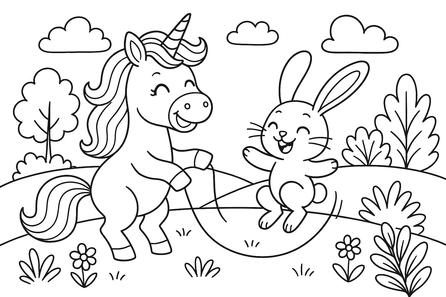 Unicorn Und Hase Spaß Im Garten – Malbild Zum Ausdrucken