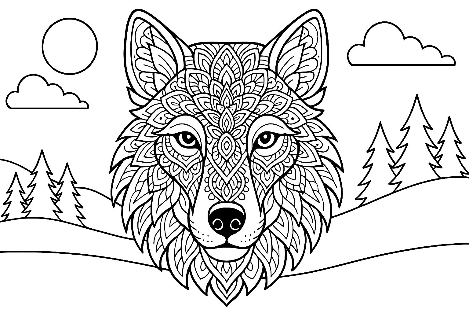 Wolfsmandala Zum Ausmalen – Naturmotiv Im Querformat