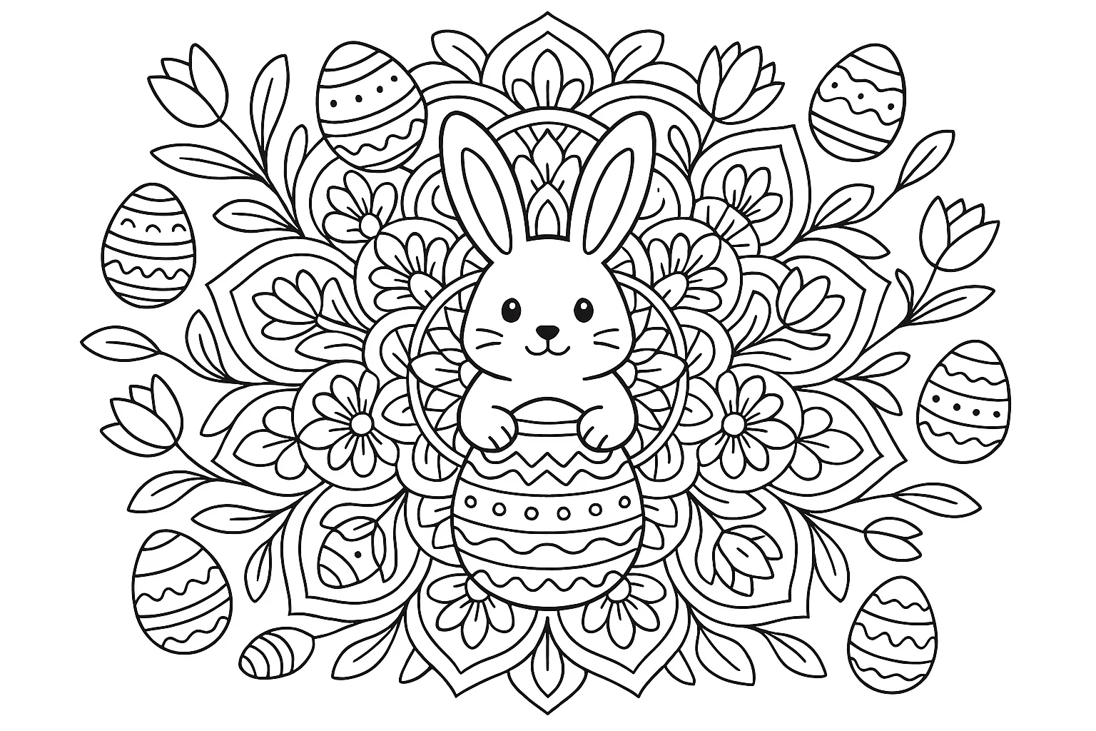 Mandala Ostern Ausmalbild – Niedlicher Osterhase Mit Eiern Und Blumen