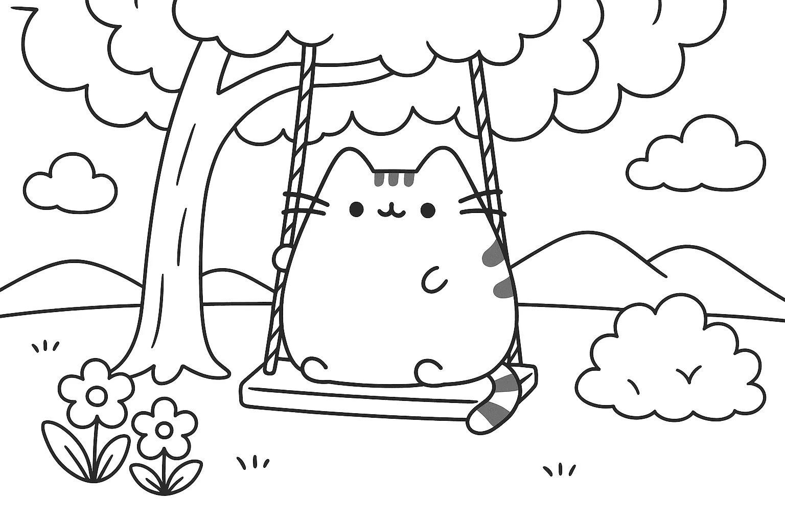 Pusheen Katze Auf Der Schaukel – Ausmalbild Für Kinder