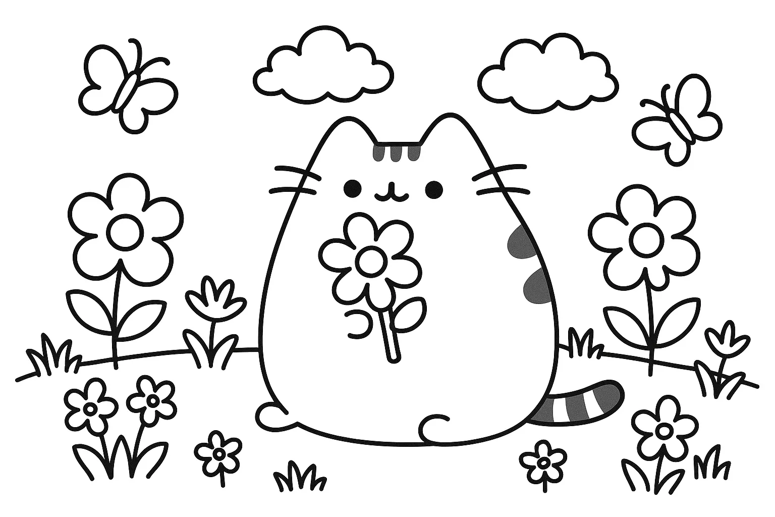 Pusheen Mit Blume – Süßes Ausmalbild Für Kinder