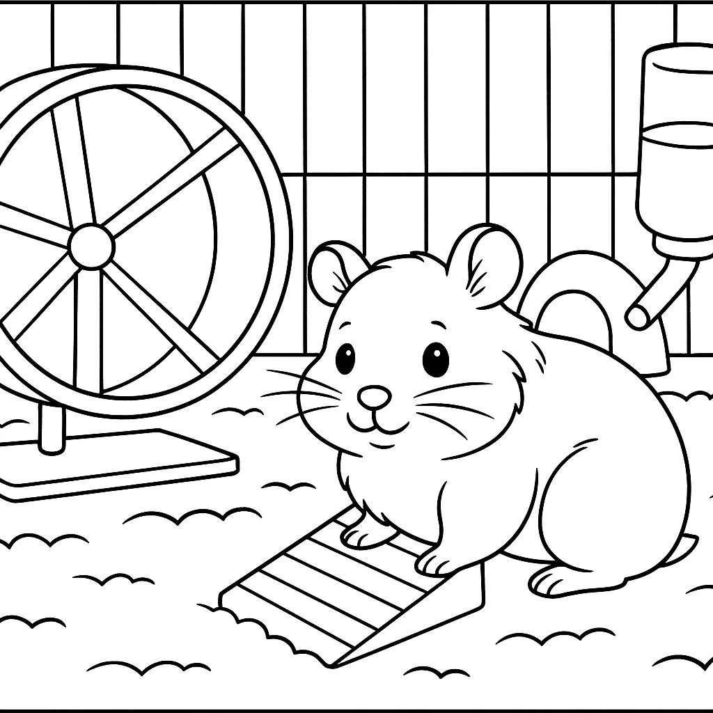 Ausmalbild Hamster Im Käfig Mit Laufrad Und Häuschen – Kostenlos Zum Ausdrucken