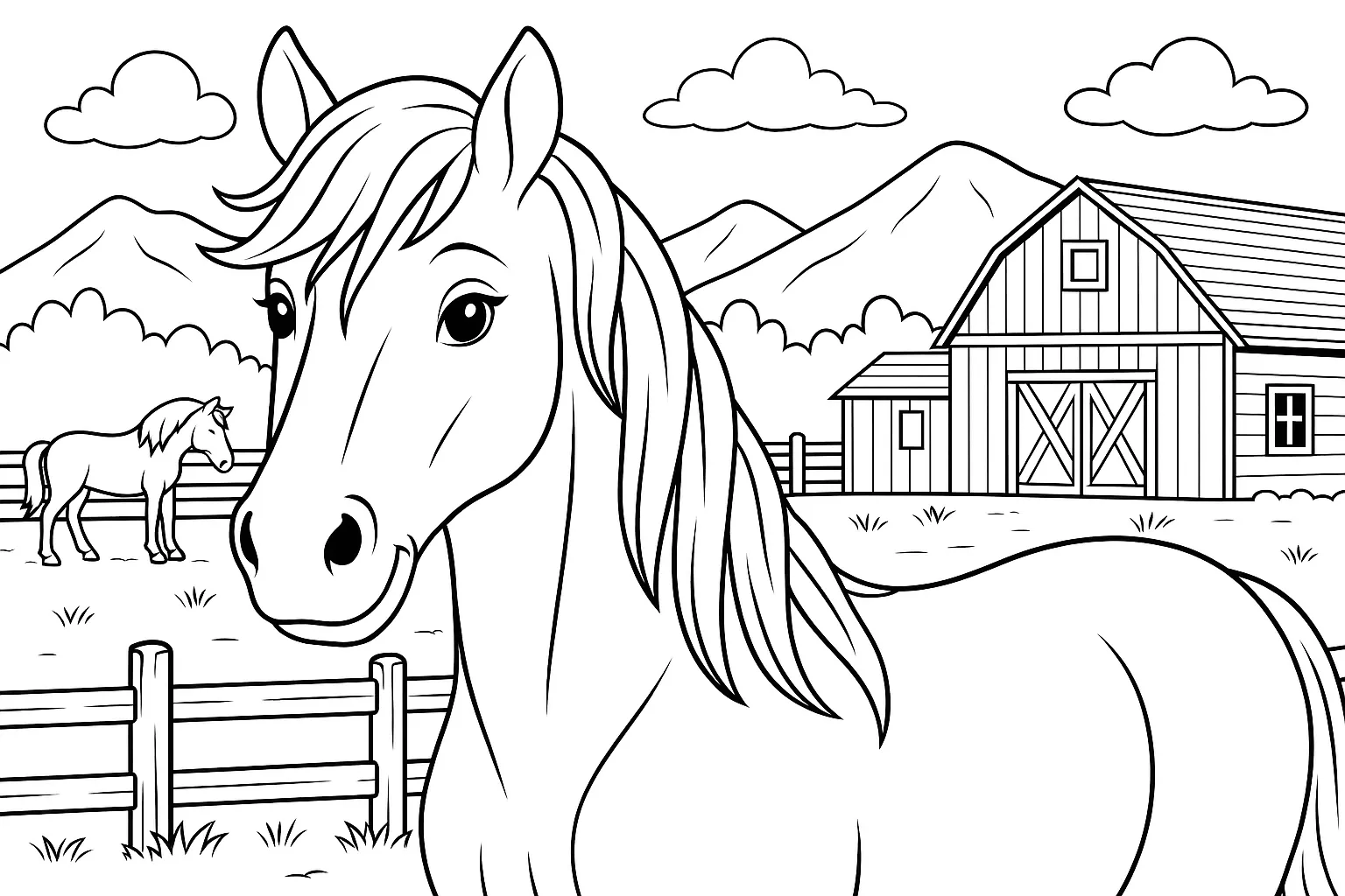 Pferd Ausmalbild Auf Dem Bauernhof Mit Pferdestall Und Bergen