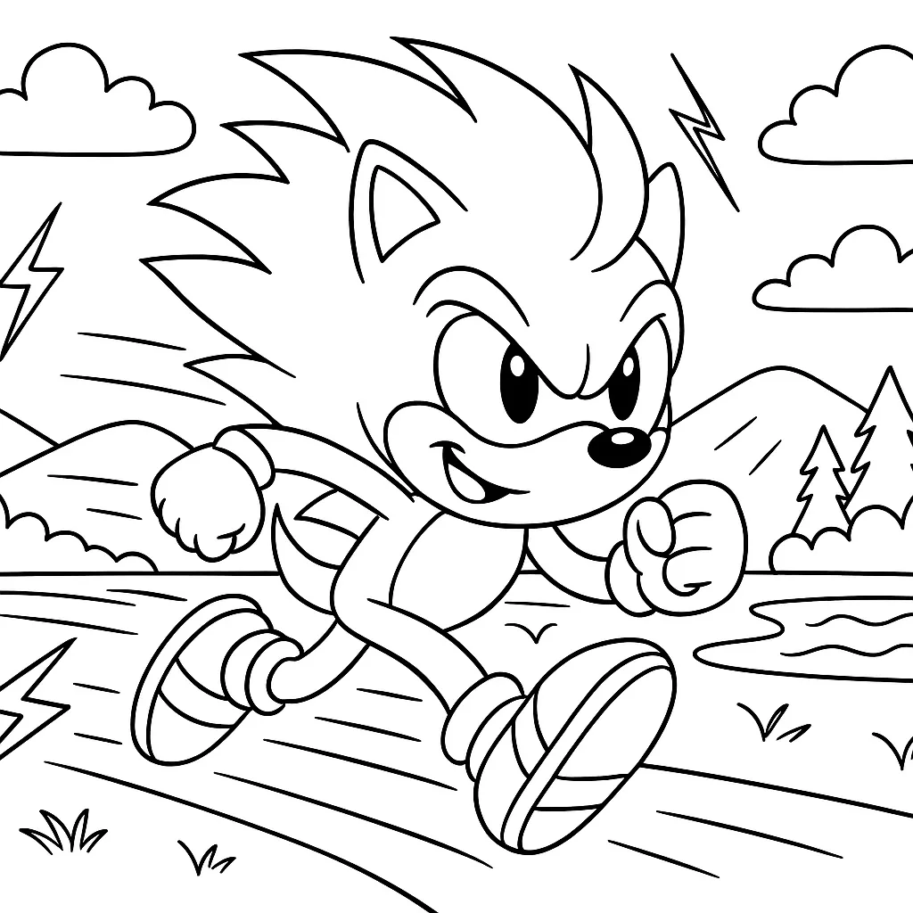 Schneller Sonic Igel Rennt Durch Die Landschaft Ausmalbild Für Kinder