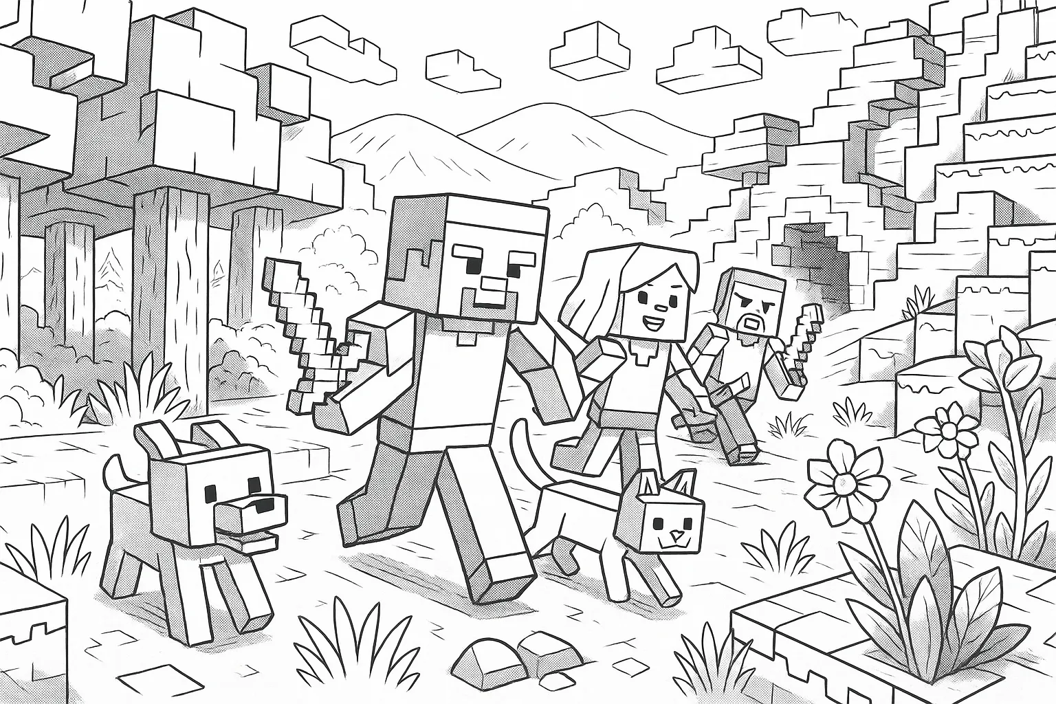 Ausmalbilder Minecraft Fantasievolle Landschaft Zum Ausdrucken Für Kinder