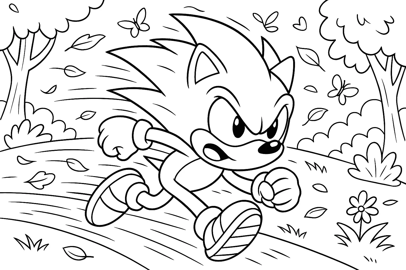 Rasender Sonic Im Wald Ausmalbild Für Kinder Mit Geschwindigkeit