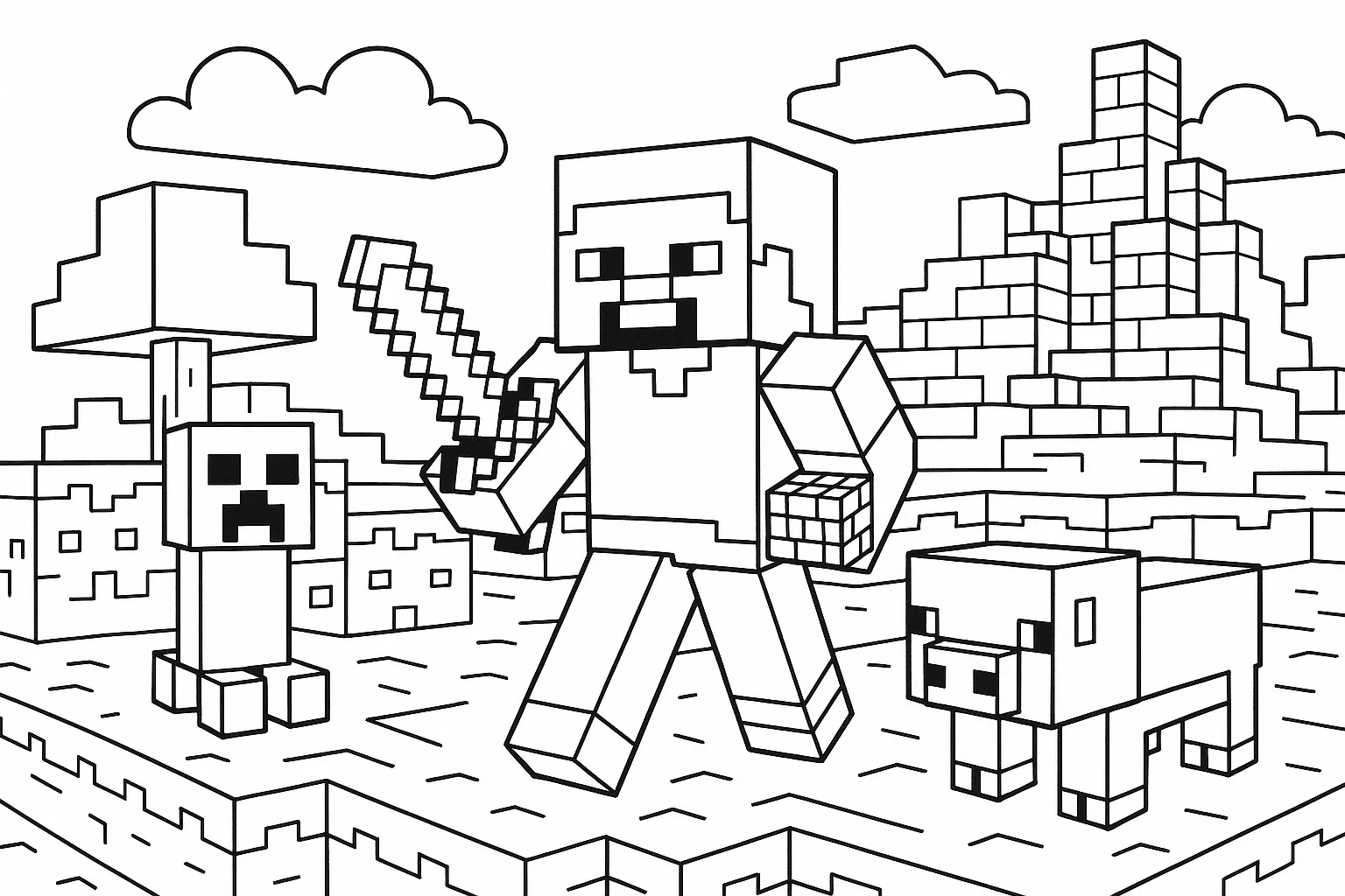 Minecraft Ausmalbild Steve, Creeper Und Schwein Im Pixel Abenteuer
