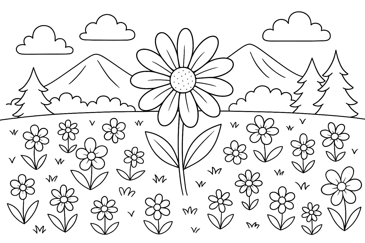 Blumenwiese Mit Großer Blume Ausmalbild Für Kinder Mit Bergen Und Bäumen