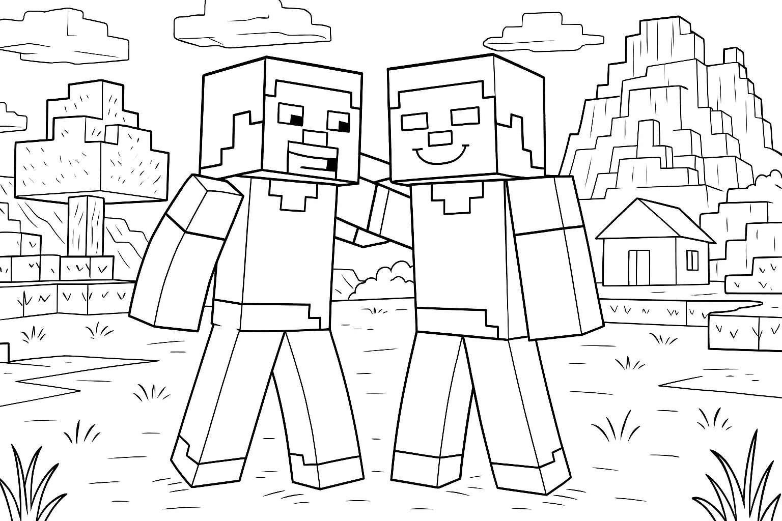 Minecraft Steve Und Herobrine Als Freunde In Der Pixelwelt Ausmalbild